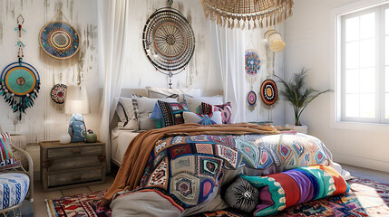 bohemian - style bedroom with canopy bed and dreamcatchers, featuring a white window, blue and whit