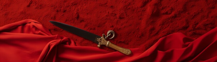A ceremonial dagger with a golden handle lies on red velvet. - obrazy, fototapety, plakaty