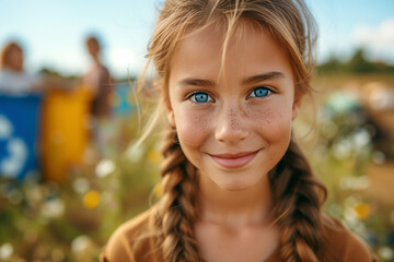 Fototapeta premium Young girl with blue eyes smiling in the filed with blurred recycling bins on background