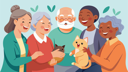 At a nursing home a group of seniors gather around a playful kitten laughing and reminiscing about their memories of their own beloved pets..