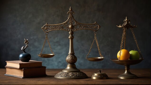 Antique ornate balance scales justice and making decis