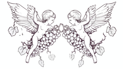 Fototapeta na wymiar Pair of flying Cupids or angels carrying bunch of g