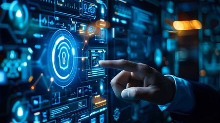 Businessman hand reaches out to touch a virtual screen display digital transformation. The concept of using technology to change and improve business. Generative AI.