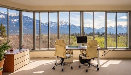 Tranquil Workspace: Cream-Colored Furniture with a View of Spring Mountains"
