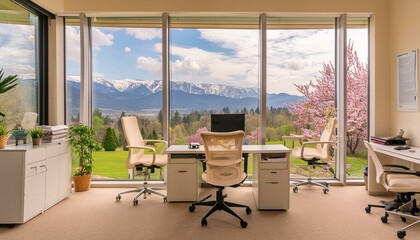 Tranquil Workspace: Cream-Colored Furniture with a View of Spring Mountains"