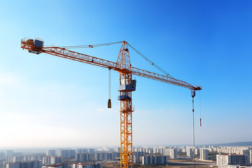 Fototapeta na wymiar A towering construction crane dominates the skyline against a clear blue sky, indicative of ongoing urban development. Generative AI