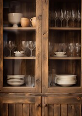 Obraz na płótnie Canvas Design a rustic wooden cabinet with glass doors and shelves to display dish ware and glassware