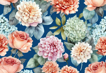 Floral background seamless eucalyptus blue Watercolor painting leaves hydrangea dahlia isolated patterns Roses Pattern Abstract Flower Texture Design Summer Wedding Paper Isolat
