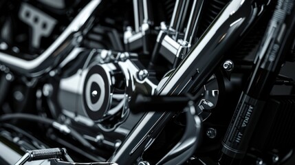 Closeup of modern motorcycle engine block on dark background. AI generated image