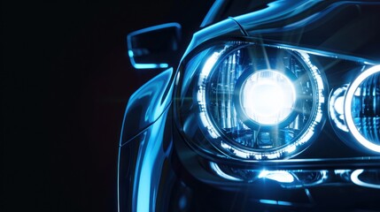 Closeup a car headlight led projector bulb lamp isolated dark background. Generated AI image