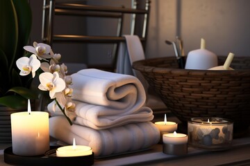 a stack of white towels on a wooden table next to a basket of toiletries and lit candles