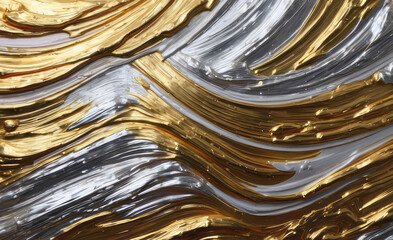 Holographic metallic liquid gold and silver impasto abstract acryl background. Gradient neon colors with rainbow foil effect in trends 80s and 90s