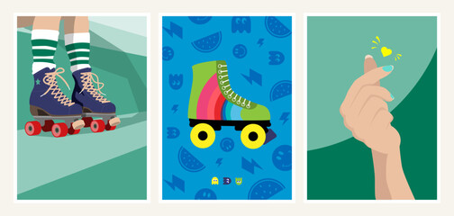 Set of 3 vector illustrations, in the style of the 80s and 90s, retro, vintage, roller blades, skates, love hand gesture, heart, sport 
