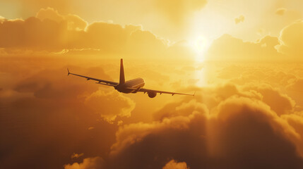 A plane is flying through a cloudy sky with a sun in the background. The sky is orange and the clouds are white