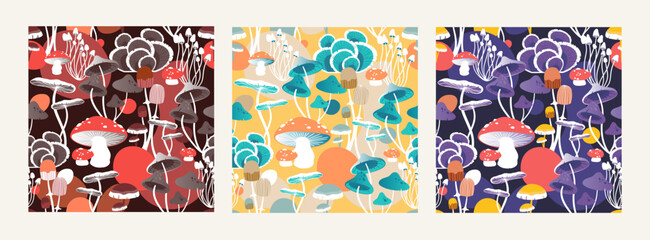 Set of 3 seamless vector pattern designs, modern style, colorful, mushrooms, forest, for fashion projects, playful, childish, interior, nursery, nature, organic, queer symbols