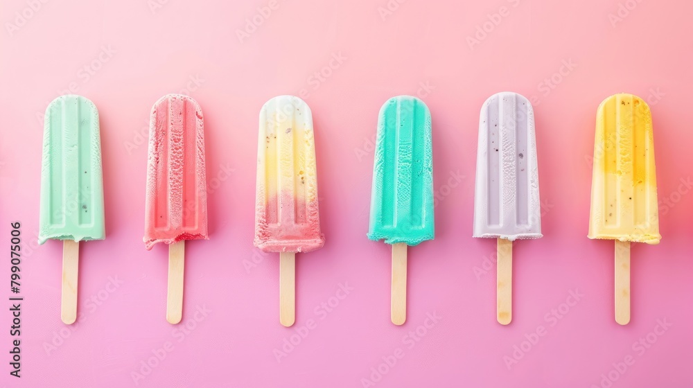 Wall mural various tasty sweet ice cream sticks isolated on pastel colors background. generated ai image