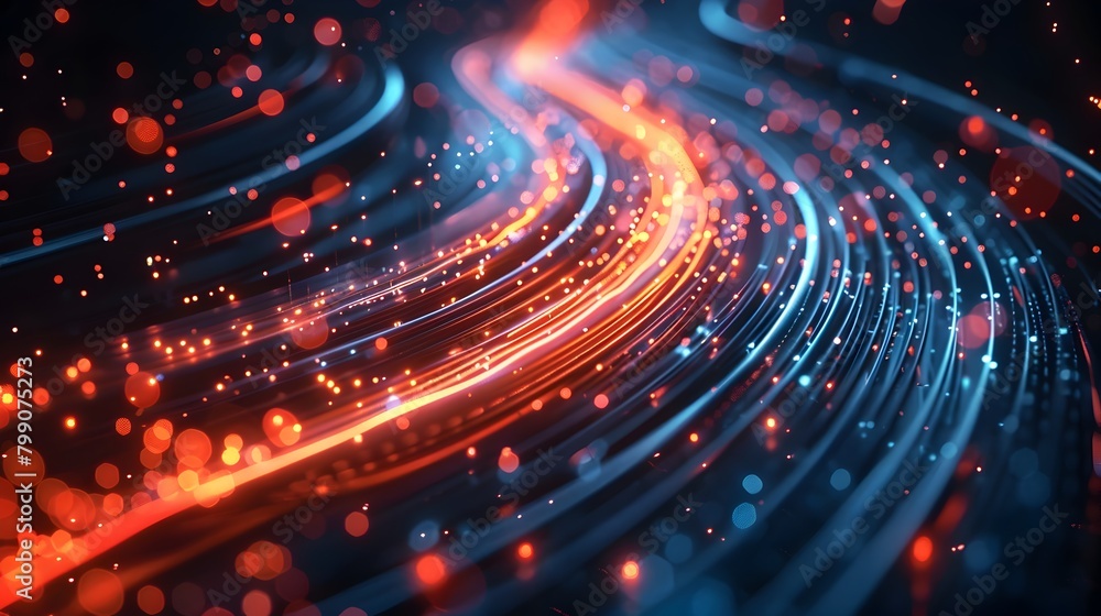 Poster glowing fiber optic cables weaving through a quantum computer network in an abstract tech landscape