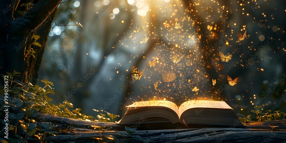 Aufkleber an open book on a rustic bench surrounded by enchanted golden sparkles and magical butterflies amid 