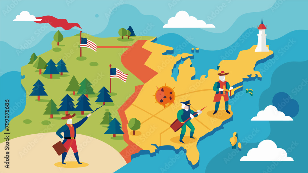Poster An interactive map showcasing the major battles and events of the Revolutionary War allowing visitors to learn about the geography and strategies of. Vector illustration
