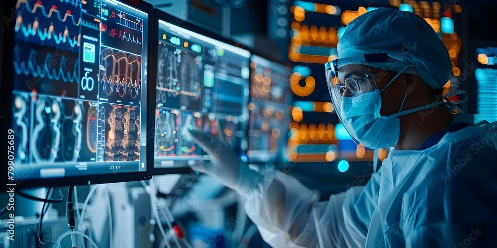 Poster medical technician adjusting virtual interface of dialysis machine to optimize treatment based on pa