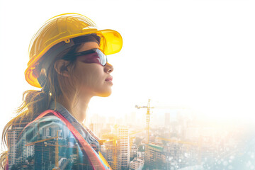 Portrait of a young construction worker woman with safety helmet letting see city buildings under construction on white background with copy space,