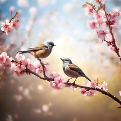 birds sing on the branches of a tree with spring flowers. sunlight. - obrazy, fototapety, plakaty