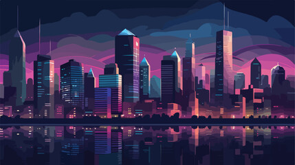 Panorama of night city vector flat illustration. Vi