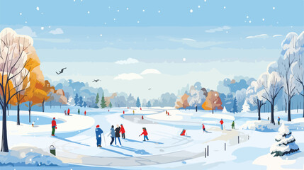 Panorama of winter landscape with leisure people ve - obrazy, fototapety, plakaty