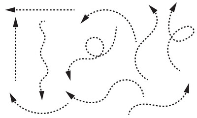 Clean dot style hand drawn doodle arrows set. Clean dot arrows style doodle set hand drawn. Curve Dotted line, preliminary. isolated on white background vector collection
