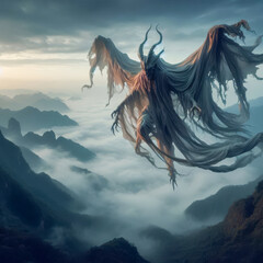 3D rendering of a dragon flying over a misty mountain landscape - obrazy, fototapety, plakaty