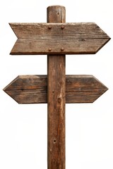Old wooden road direction sign with arrow isolated on png transparent background