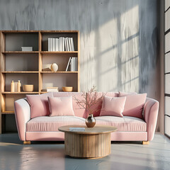 Modern Interior Design with Pink Sofa. Chic living room with a pastel pink sofa, wooden furniture, and textured walls.