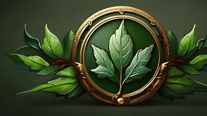 leaves on a wooden backgroundgreen leaf emblem - obrazy, fototapety, plakaty
