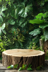 Natural wooden stump as podium in green lush leaves background for show product presentation. Mockup of the pedestal