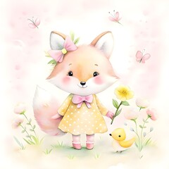 Watercolor illustration of a cute fox in a yellow dress - obrazy, fototapety, plakaty