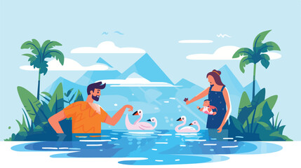 Obraz na płótnie Canvas Parents teaching child to swim. Family on vacation.