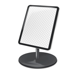 Countertop tablet holder podium stand with transparent screen vector mockup. Table digital display mock-up. Template for design