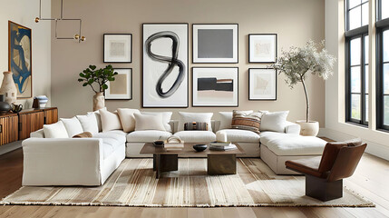contemporary living room with abstract art gallery wall featuring a white couch, brown chair, and v