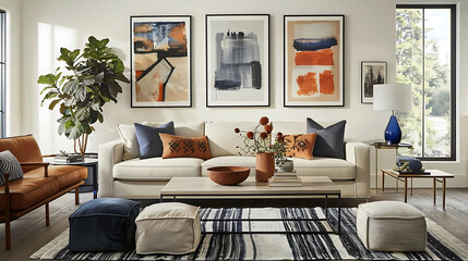contemporary living room with abstract art gallery wall featuring a white couch adorned with blue a