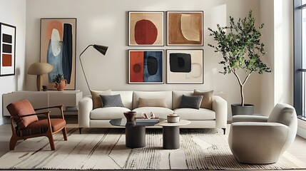 contemporary living room with abstract art gallery wall featuring a white couch, wood and brown cha
