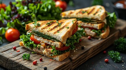 Club Sandwich and Salad greens on a wooden tray.