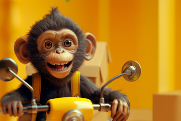 cute chimpanzee character in a scooter delivering a box. yellow background
