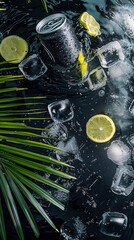 Black Drink Can Surrounded by Ice and Lime Slices on Wet Surface