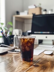 Iced Black Coffee on a Wooden Desk in a Modern Office