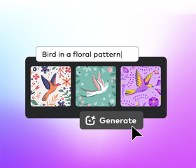Prompt command generate three pictures of bird. Generated three images to choose from. Artificial intelligence helps to designer to create similar pictures. Ai offers options for different images