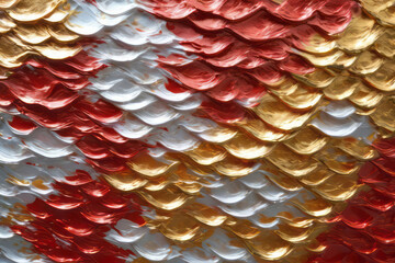 Holographic red, gold and silver impasto abstract liquid acryl background. Gradient colors with foil effect in trends