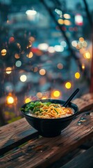 Delicious Ramen Bowl on Rustic Wooden Table at Dusk