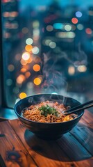 Steamy Bowl of Ramen on Wooden Table With City Lights Bokeh