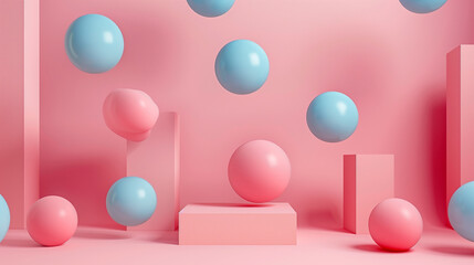 Abstract Floating Spheres in Pink and Blue Hues with Minimalist Aesthetic