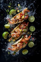 Three Fresh Shrimp Tacos with Splash of Lime and Vegetables